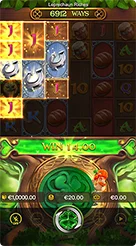 Leprechaun Riches · Pengaturan saldo dan nominal taruhan menggunakan tombol plus dan minus.